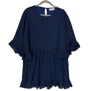 The Impeccable Pig Mini Dress Womens Medium Blue Ruffle Hem Keyhole Back Pleated